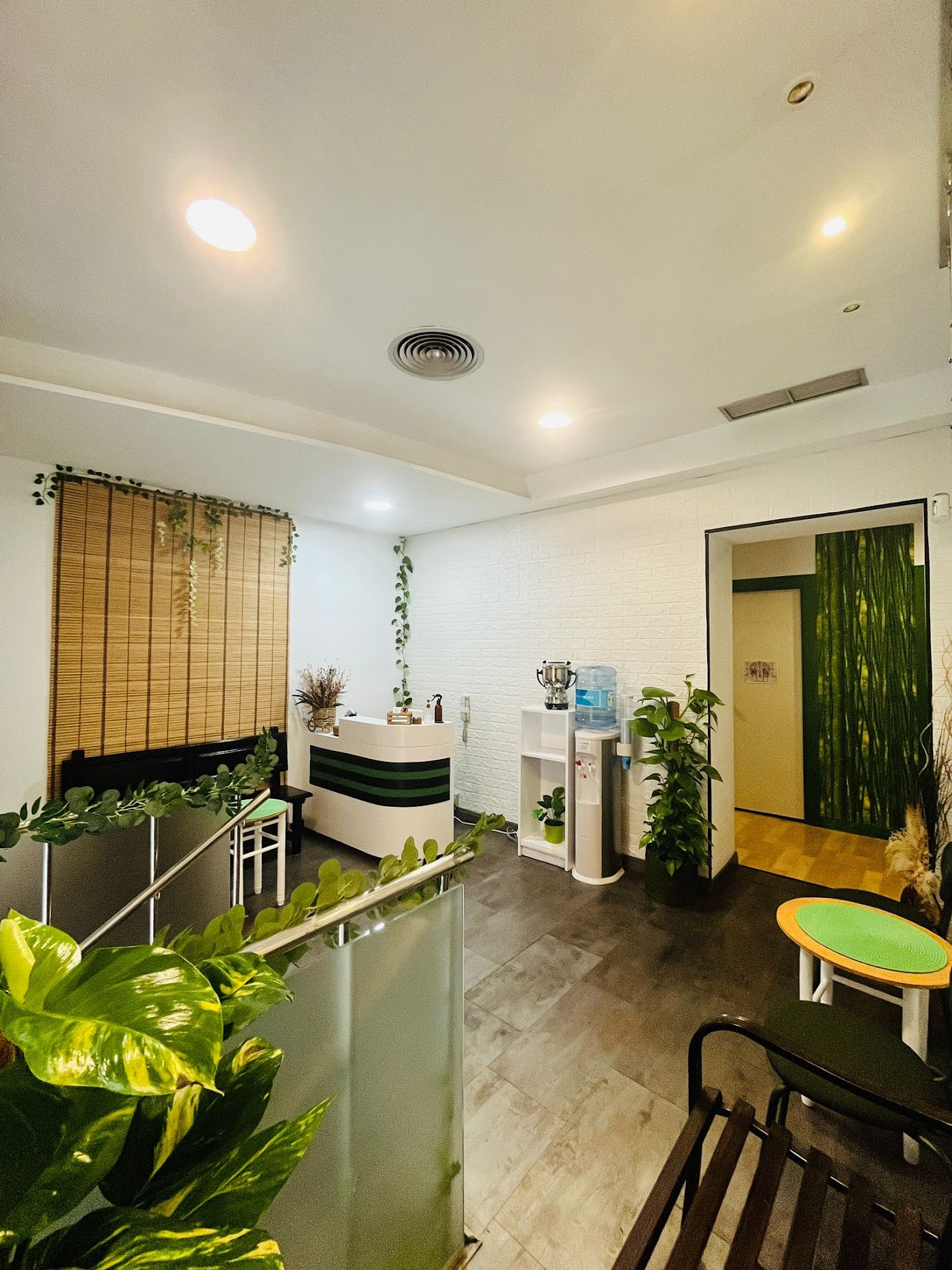 Recepción del Centro de Masajes Verde, con plantas